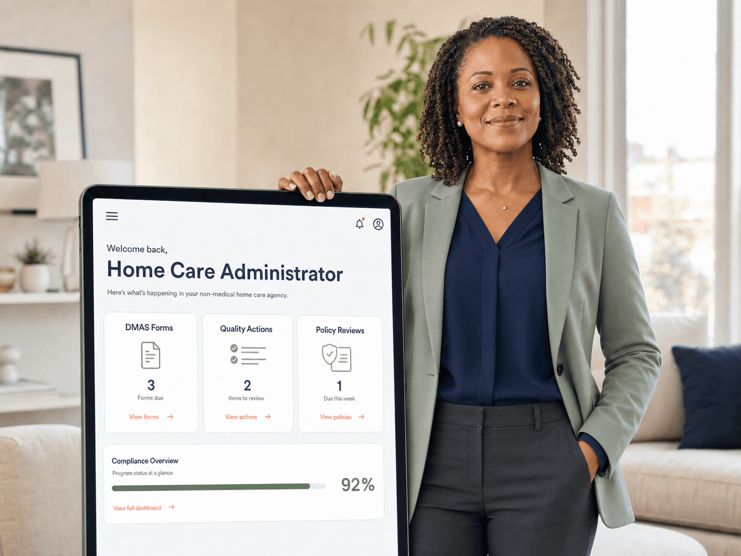 Home care administrator presenting the PolicyLib compliance dashboard